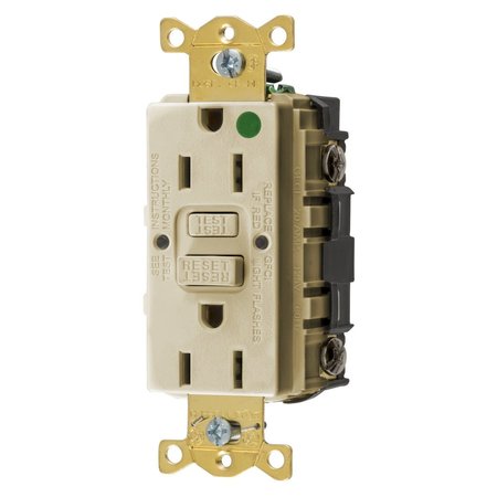 BRYANT GFCI Receptacle, Self Test, Hospital Grade, 15A 125V, 2-Pole 3-Wire Grounding, 5-15R, Ivory GFST82I